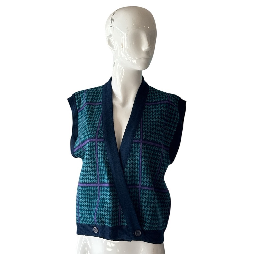 Vintage Pendleton Virgin Wool Teal Multi Houndstooth Sweater Vest Size Medium